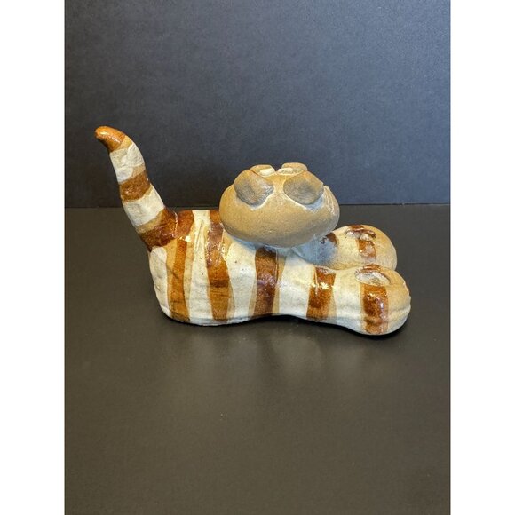 Vintage Nancy Ecklund Ceramic Cat Sculpture Brown & Cream Striped Figurine - Picture 2 of 10